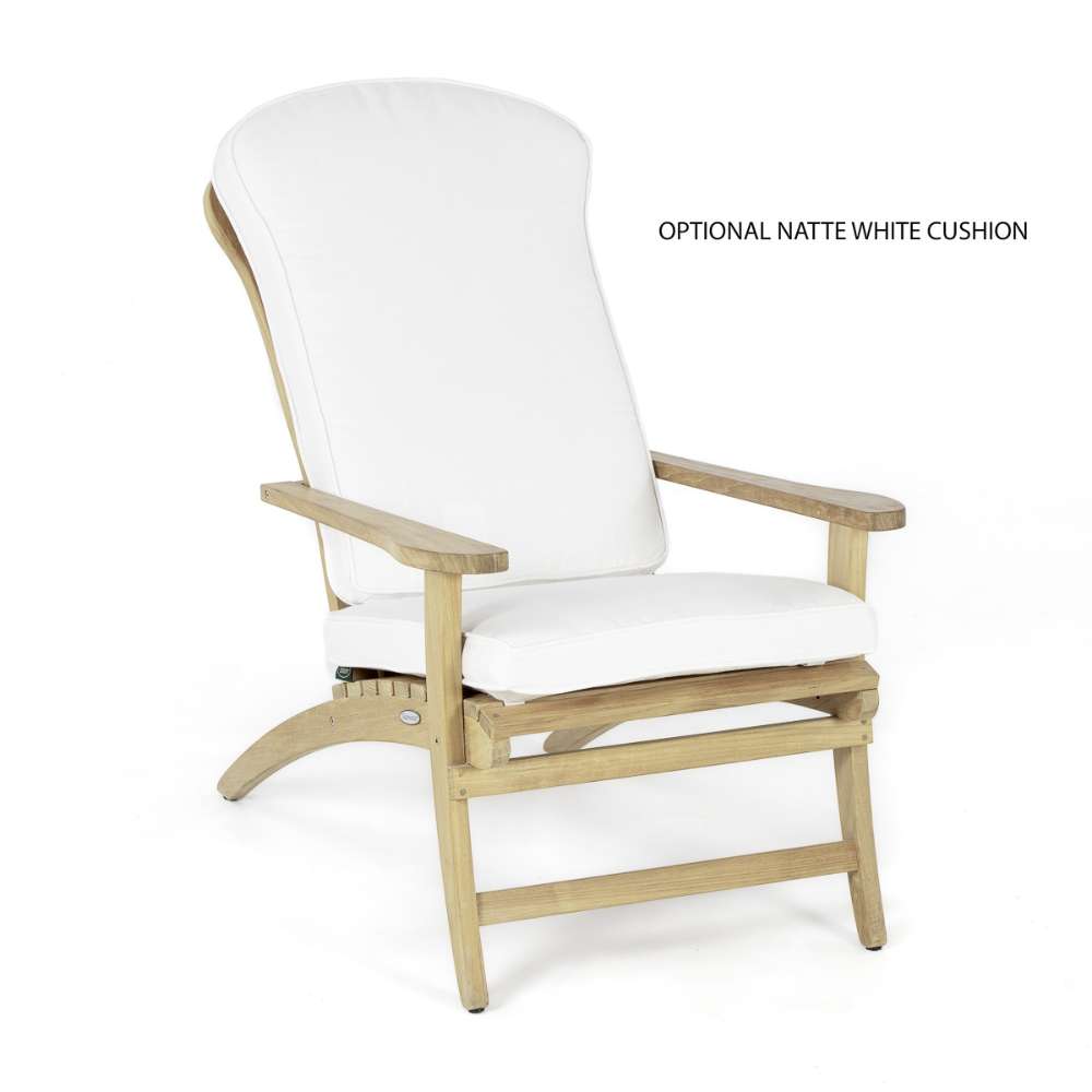 Westminster Teak Adirondack Lounger with white cushions displayed on a white background, showing its curved back and sturdy teak frame