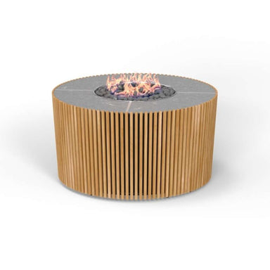 Westminster Teak Agora Fire Table features a round base with evenly spaced vertical teak slats
