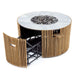Westminster Teak Agora Fire Table shows its hidden propane tank storage compartment opened beneath the round fire bowl
