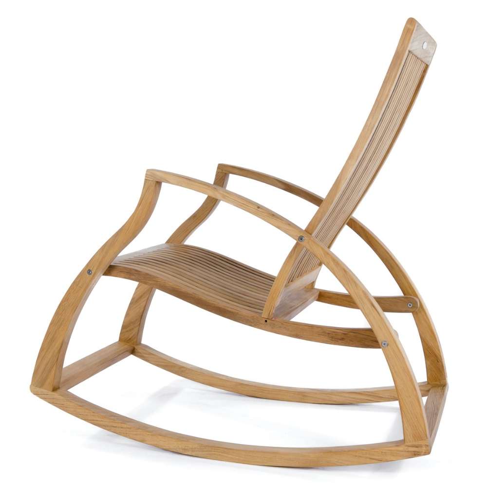 Westminster Teak Aria Rocker is displayed in a clean side profile, emphasizing its smooth rocking arc and ergonomic shape