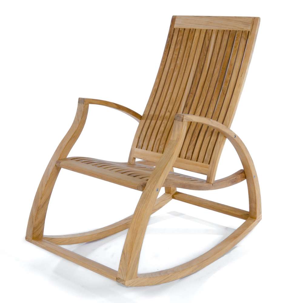 Westminster Teak Aria Rocker is shown from the front at an angle, revealing its slatted seat, armrests, and sturdy wooden frame