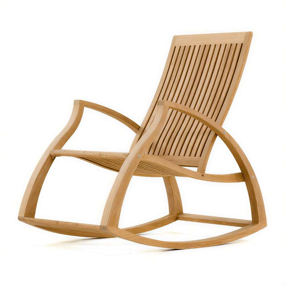 Westminster Teak Aria Teak Rocker is a smooth, curved wooden rocking chair with a slatted back and seat, shown against a plain white background