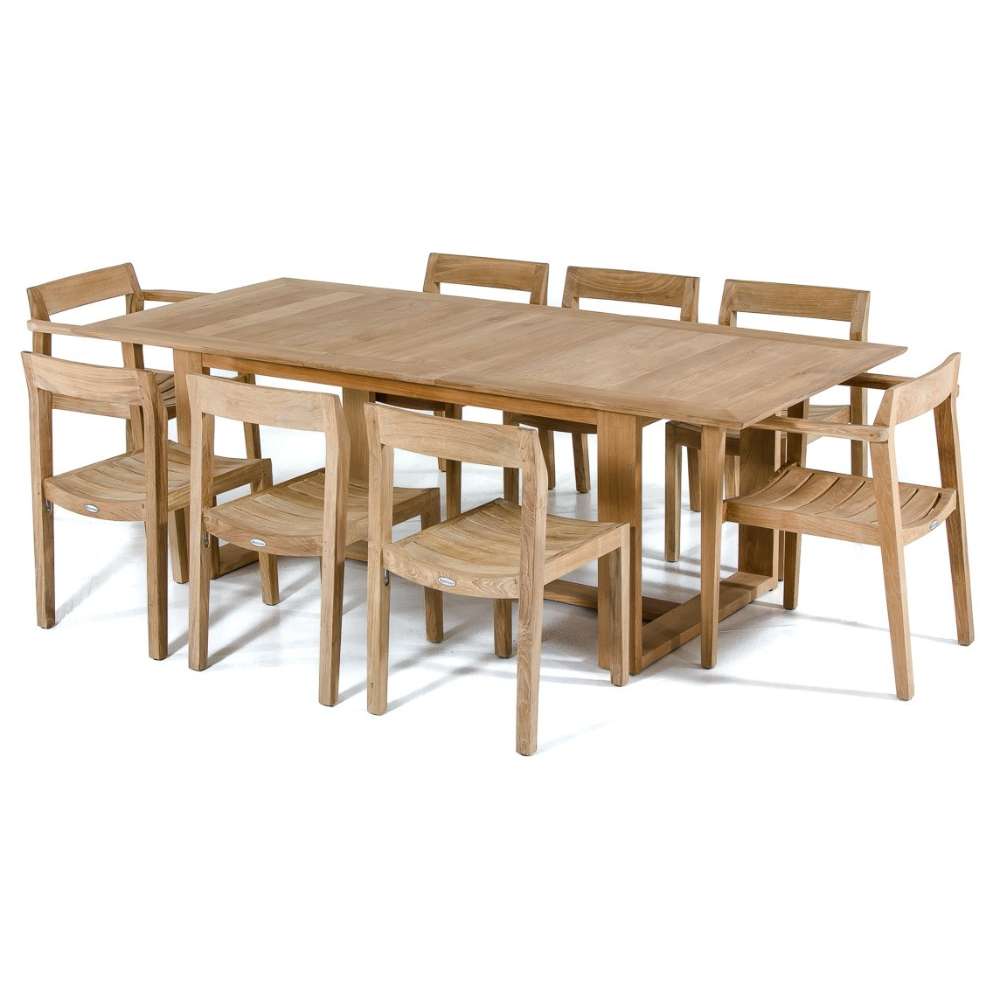 Westminster Teak Horizon 11pc Teak Dining Set is assembled on a white background with the full table and matching chairs arranged neatly around it
