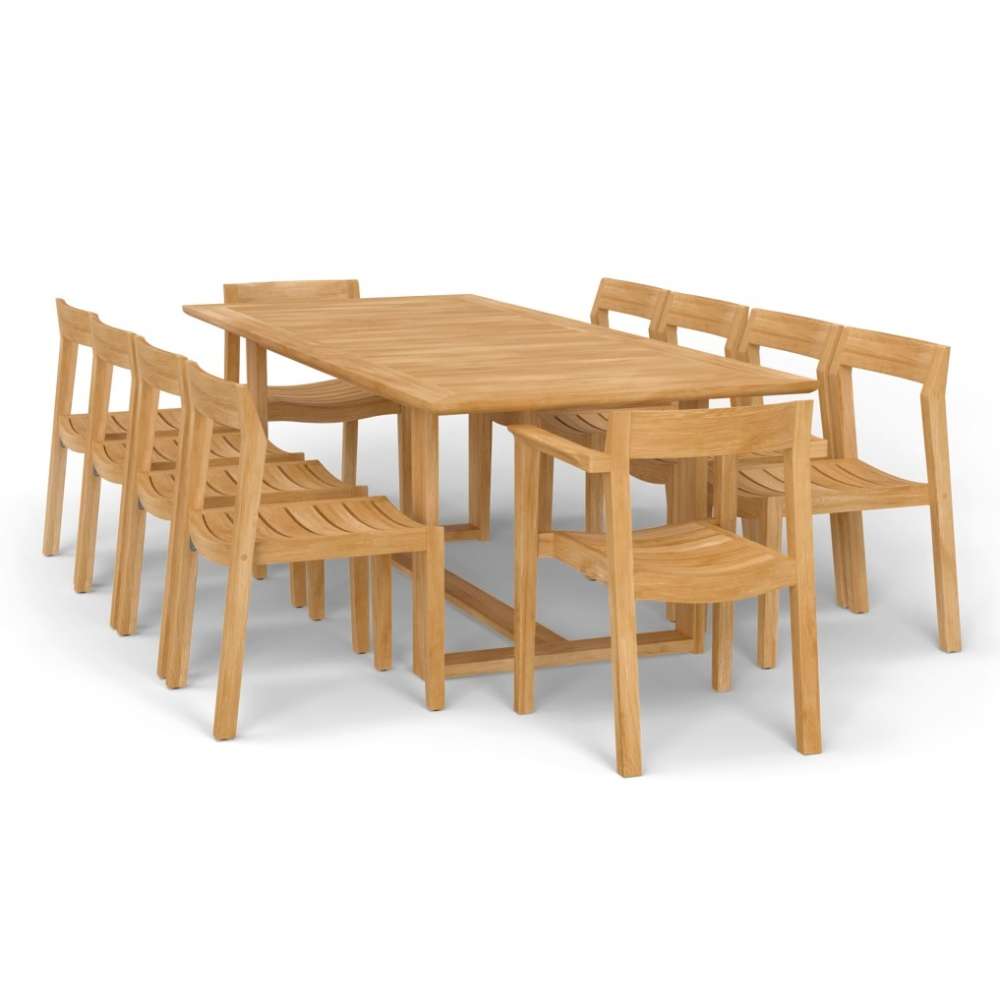 Westminster Teak Horizon 11pc Teak Dining Set is on a white background with a long rectangular teak table, two armchairs, and eight side chairs