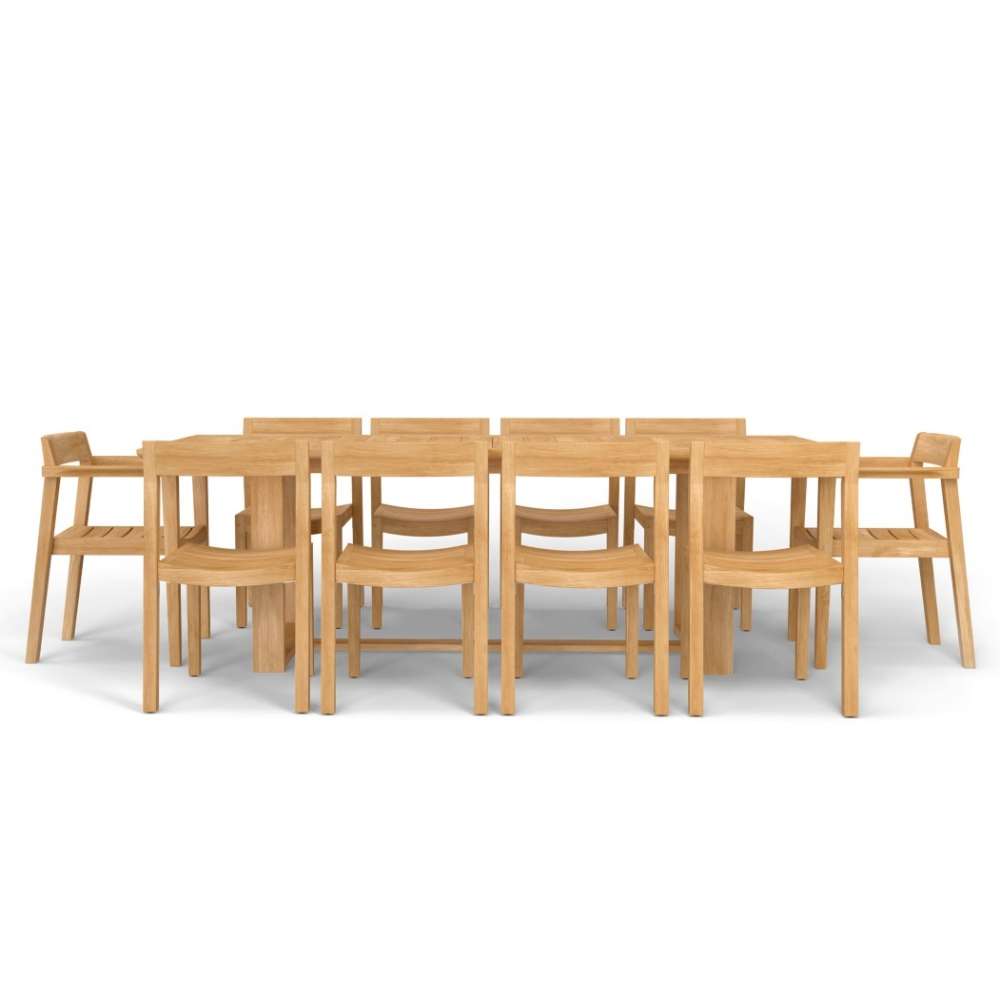 Westminster Teak Horizon 11pc Teak Dining Set is shown from a straight side profile, highlighting the alignment of the chairs and the sturdy rectangular table on a white background