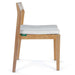 Westminster Teak Horizon 11pc Teak Dining Set is shown from the side with one teak dining chair with a light gray seat cushion and a angled backrest on a white background
