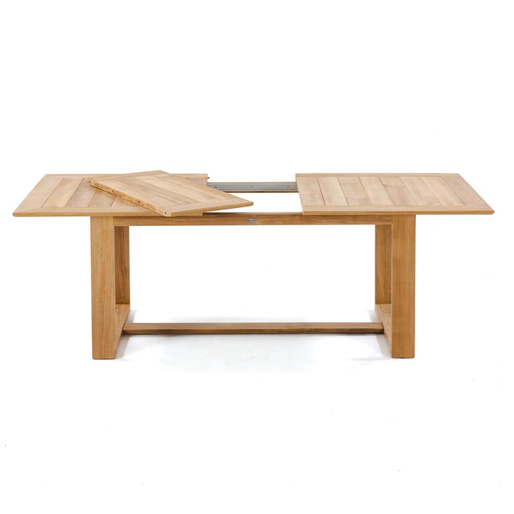 Westminster Teak Horizon 11pc Teak Dining Set is shown with the teak table partially opened, revealing the extension leaf and sliding mechanism on a white background
