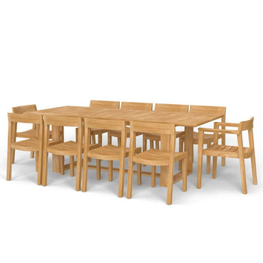 Westminster Teak Horizon 11pc Teak Dining Set on a white background with a long rectangular teak table surrounded by two armchairs and eight side chairs
