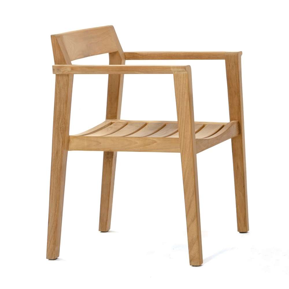 Westminster Teak Horizon 9pcs Teak Dining Set armchair shown alone on a plain background, with a light teak wood frame, square arms, and a curved slatted seat