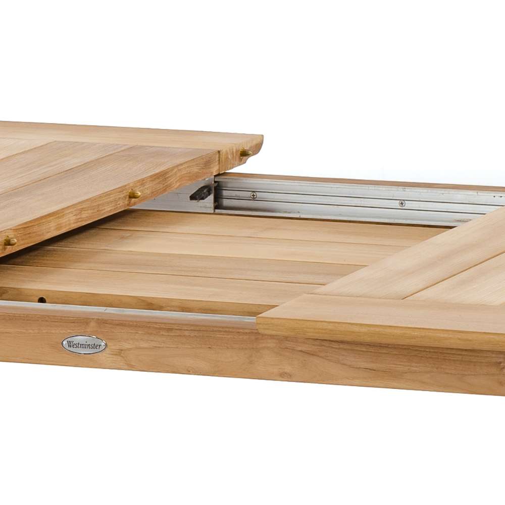 Westminster Teak Horizon 9pcs Teak Dining Set close-up showing the inside extension mechanism, with the teak leaf storage area and metal sliding tracks visible