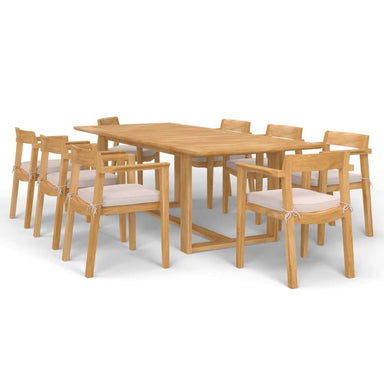 Westminster Teak Horizon 9pcs Teak Dining Set displayed on a plain background, showing the full dining set with eight teak armchairs fitted with light seat cushions around the table