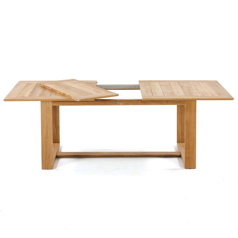 Westminster Teak Horizon 9pcs Teak Dining Set extension table shown partially opened on a plain background, revealing the hidden center leaf used to make the table longer