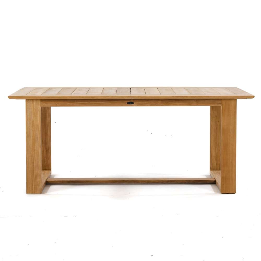 Westminster Teak Horizon 9pcs Teak Dining Set table shown alone on a plain background, featuring a rectangular teak top with a central umbrella hole and thick supportive legs