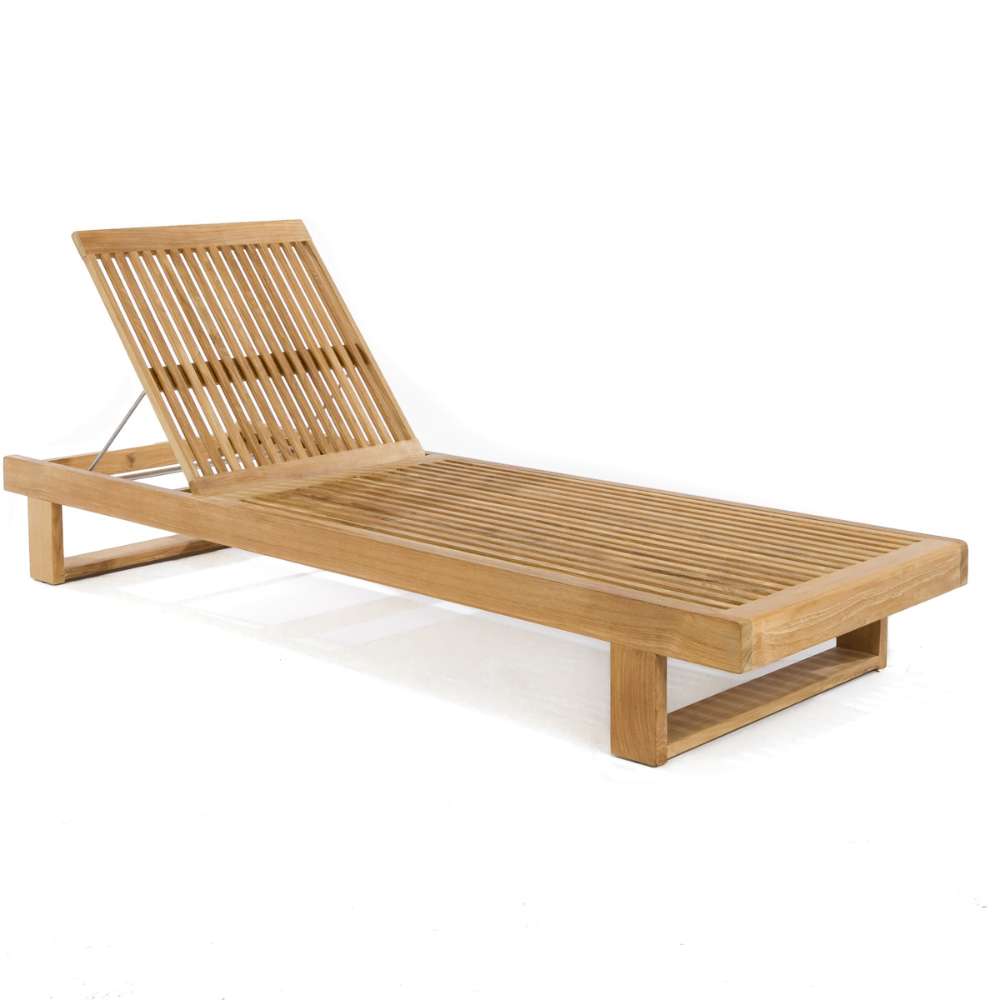 Westminster Teak Horizon Chaise Lounger is displayed without cushions, highlighting its slatted teak design and adjustable reclining back