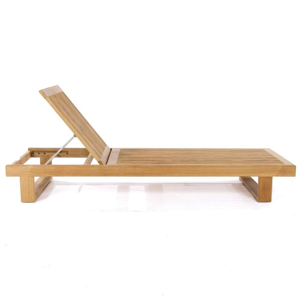 Westminster Teak Horizon Chaise Lounger is displayed without cushions in a side profile, highlighting its long slatted surface and adjustable reclining back