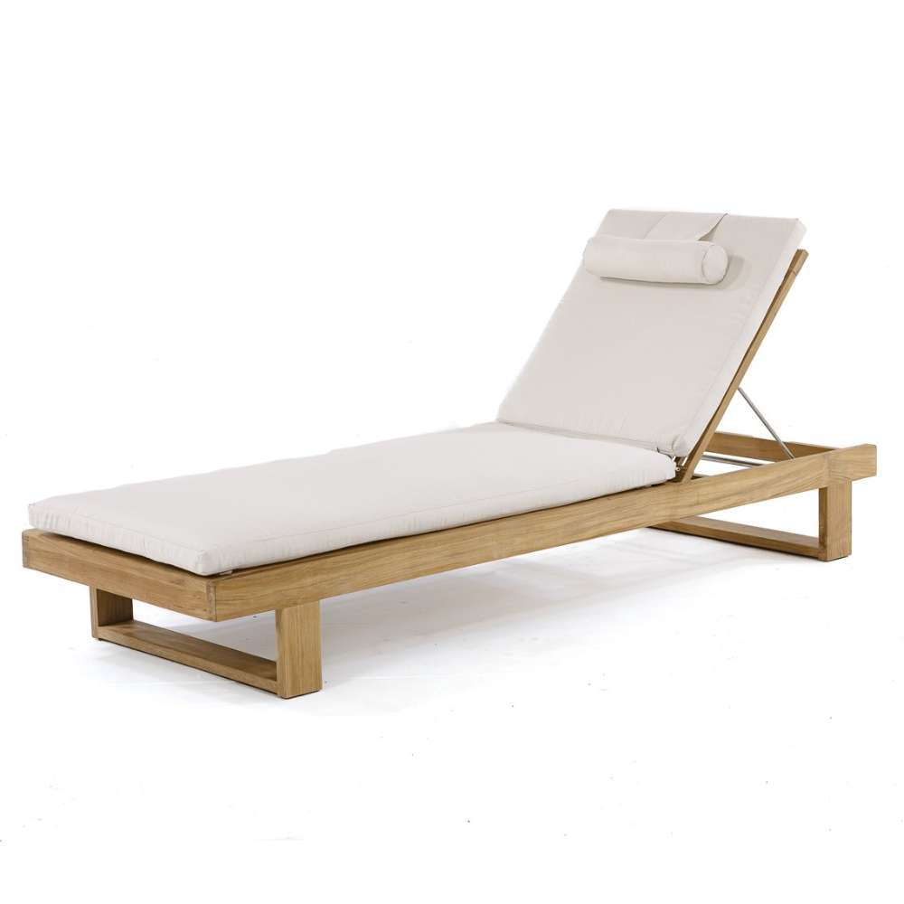 Westminster Teak Horizon Chaise Lounger with a white cushion and neck roll is shown on a plain background, featuring a slightly reclined backrest and sturdy wooden frame