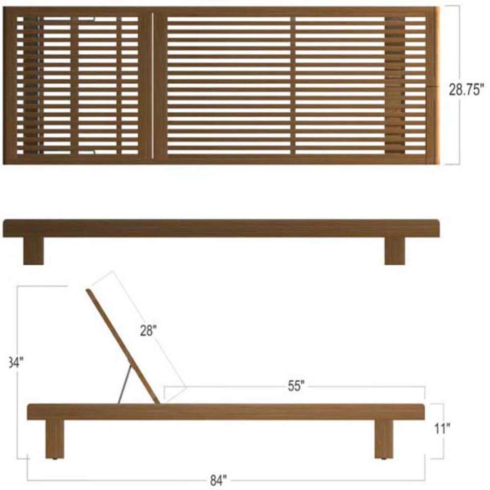 Westminster Teak Horizon Double Chaise and Side Table Set illustrated with measurements, showing the full length, height, and adjustable backrest angles of the chaise