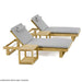 Westminster Teak Horizon Double Chaise and Side Table Set shown on a plain background with two gray-cushioned teak loungers and two matching square side tables