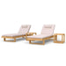 Westminster Teak Horizon Double Chaise and Side Table Set shown on a plain background with two light-cushioned teak lounge chairs and matching side tables