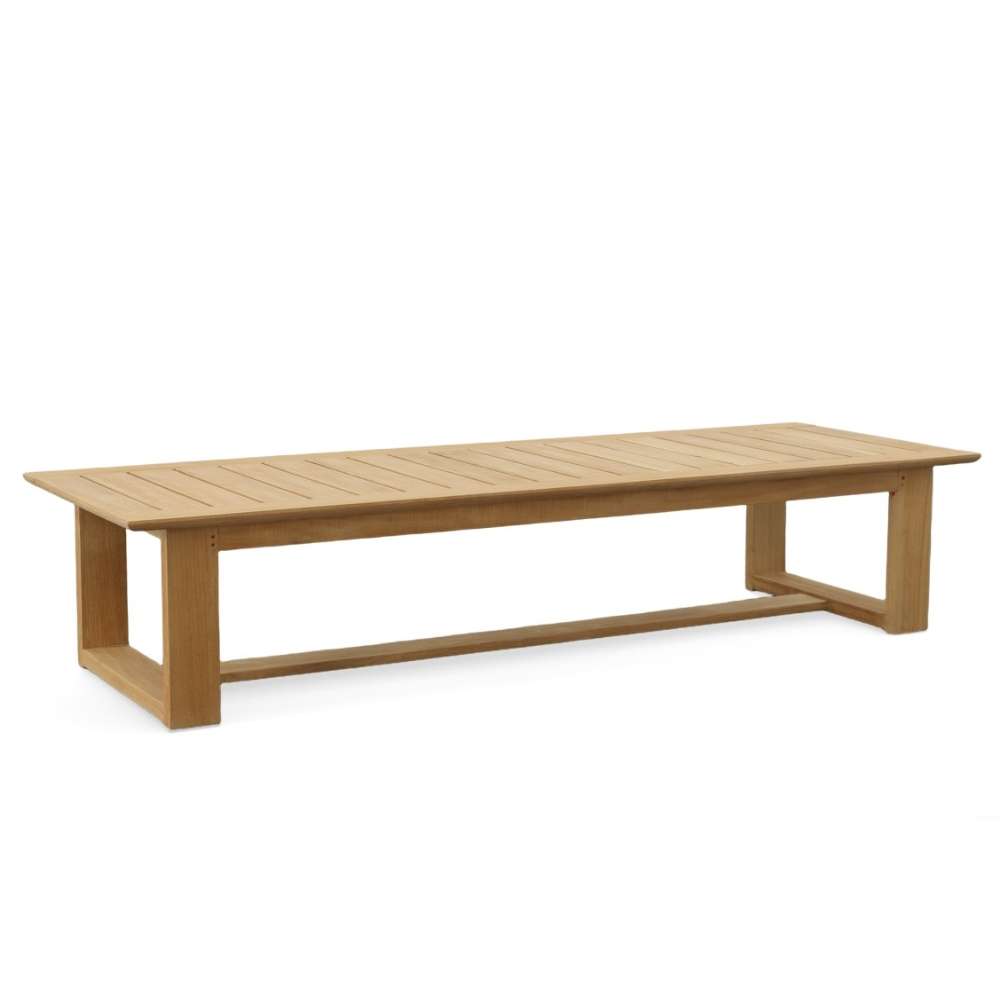 Westminster Teak Horizon High-Chaise Lounge Bench is shown as a long, solid teak bench with a flat slatted surface and sturdy rectangular legs on a plain white background