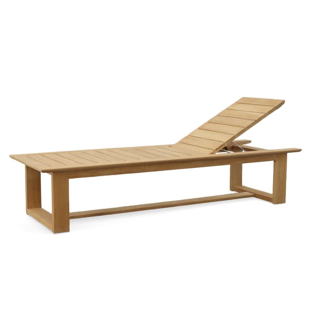 Westminster Teak Horizon High-Chaise Lounge Bench is shown with the backrest partially reclined, offering a relaxed mid-angle seating position