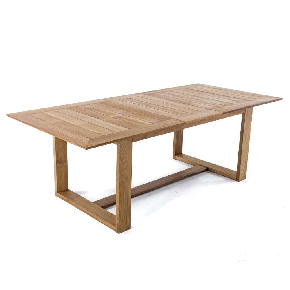 Westminster Teak Horizon Sidechair Dining Set for 6 shows a long rectangular teak dining table with a slatted top and sturdy geometric legs on a plain light background