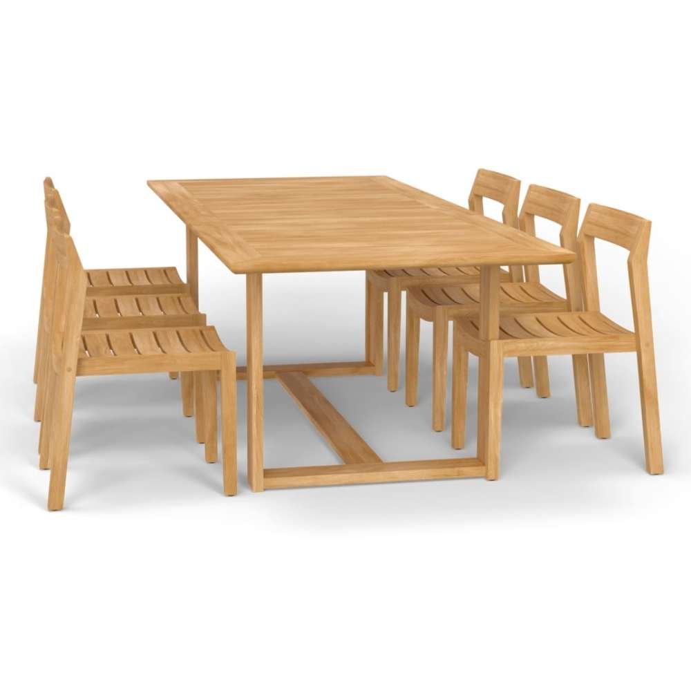 Westminster Teak Horizon Sidechair Dining Set for 6 shows a rectangular teak table with six matching chairs arranged neatly around it on a plain white background