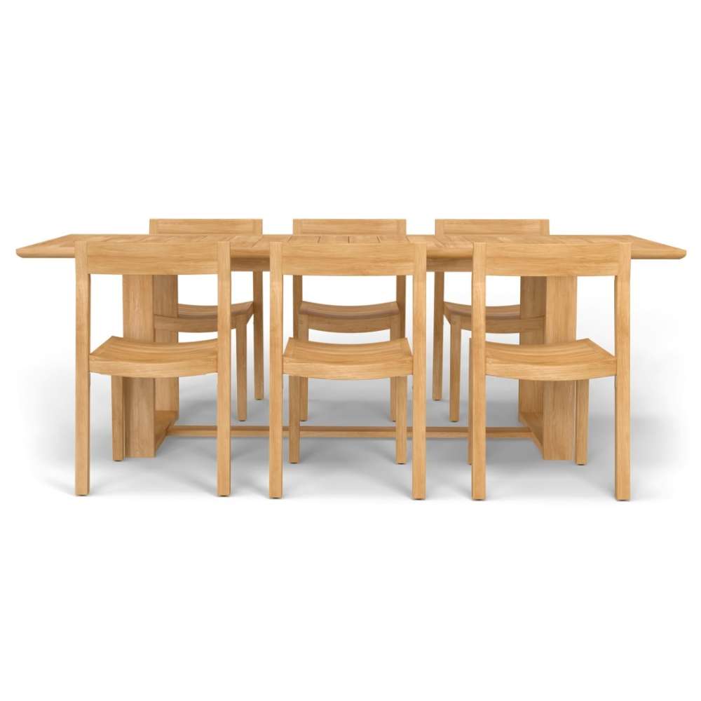 Westminster Teak Horizon Sidechair Dining Set for 6 shows a straight-on side view of the table with six chairs aligned evenly along both sides