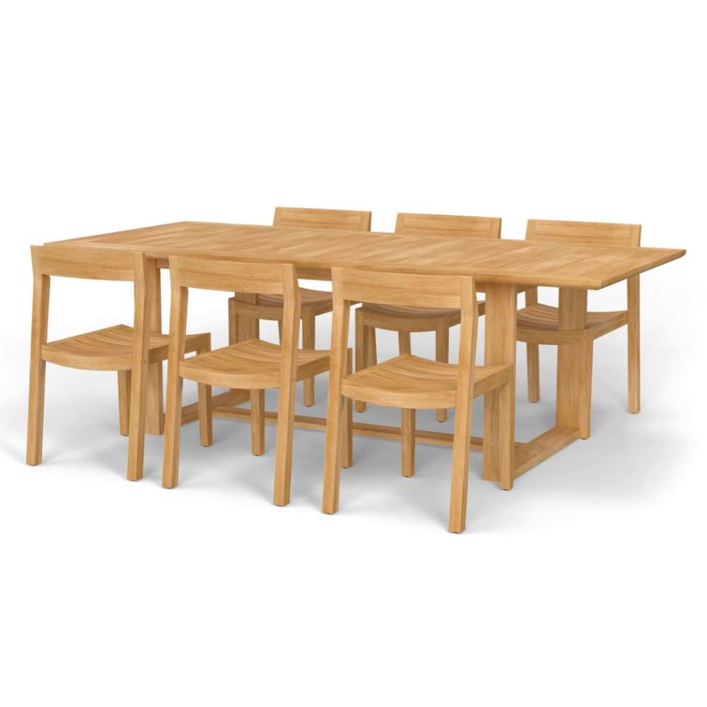 Westminster Teak Horizon Sidechair Dining Set for 6 shows the dining set from a side angle, highlighting the slatted chair seats and the sturdy table base