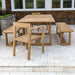 Westminster Teak Horizon Table & Bench Set is displayed from the end angle on a stone patio, showing seating arrangement and clean, modern lines
