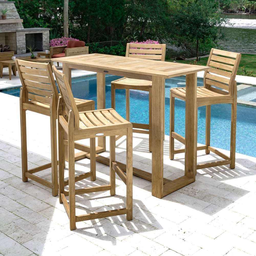 Westminster Teak Horizon Teak Bar Table appears in a full outdoor setup with matching bar stools near a pool and fireplace
