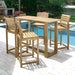 Westminster Teak Horizon Teak Bar Table appears in a full outdoor setup with matching bar stools near a pool and fireplace