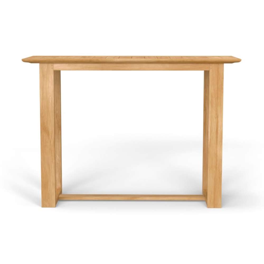 Westminster Teak Horizon Teak Bar Table is displayed from the front, highlighting its clean lines, thick tabletop, and simple, solid leg design