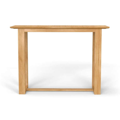 Westminster Teak Horizon Teak Bar Table is displayed from the front, highlighting its clean lines, thick tabletop, and simple, solid leg design