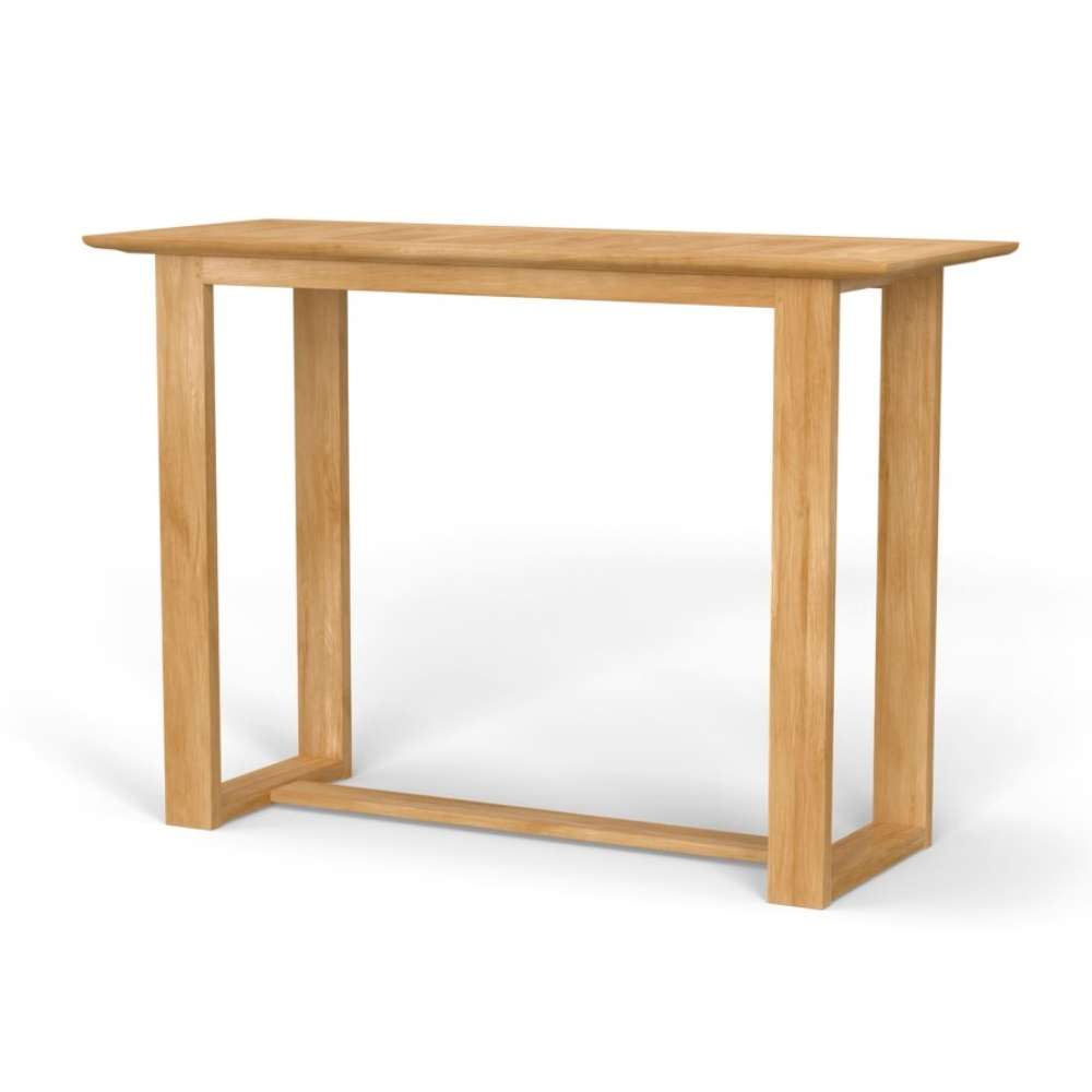 Westminster Teak Horizon Teak Bar Table is shown as a rectangular wooden bar-height table with a smooth top and sturdy square legs connected by a lower support bar