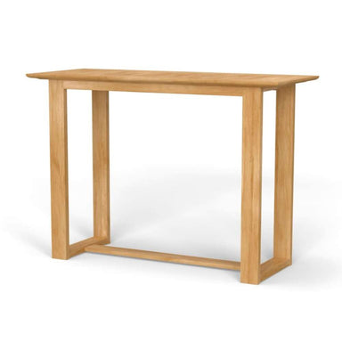 Westminster Teak Horizon Teak Bar Table is shown as a rectangular wooden bar-height table with a smooth top and sturdy square legs connected by a lower support bar