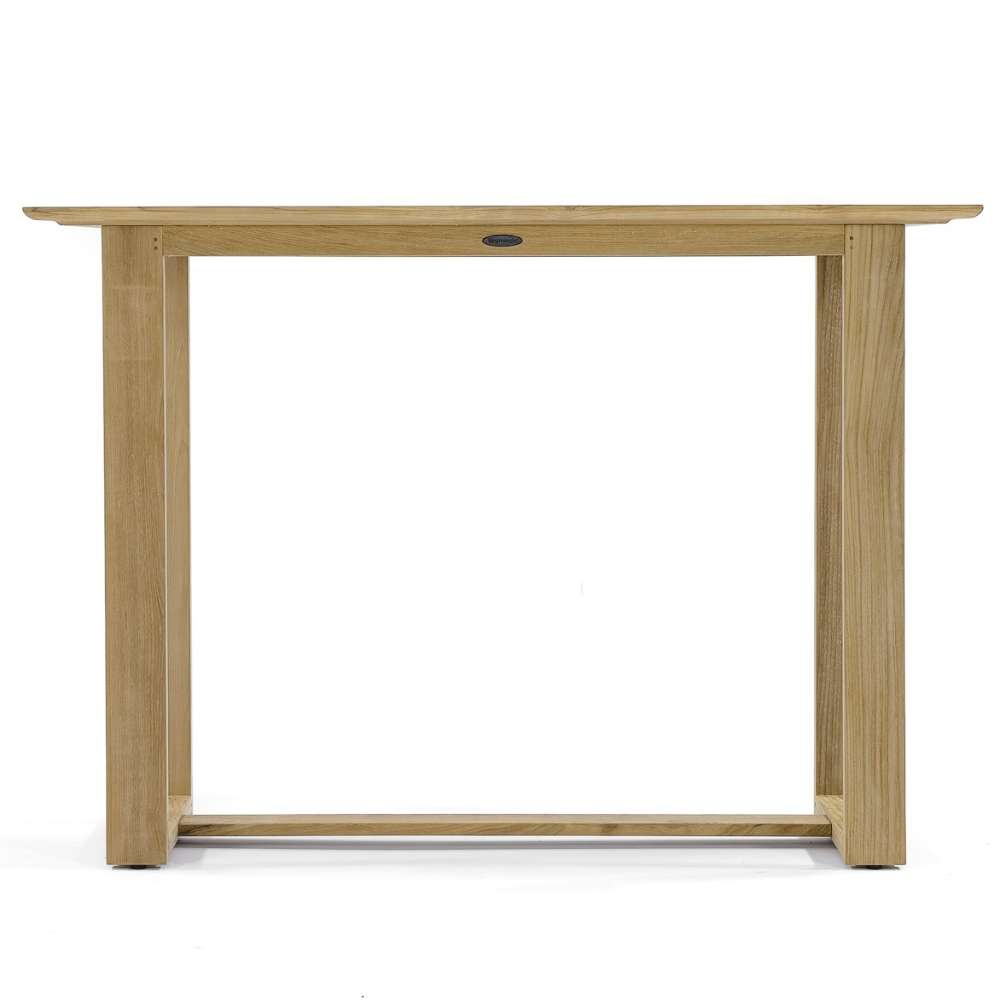 Westminster Teak Horizon Teak Bar Table is shown from the side on a plain background
