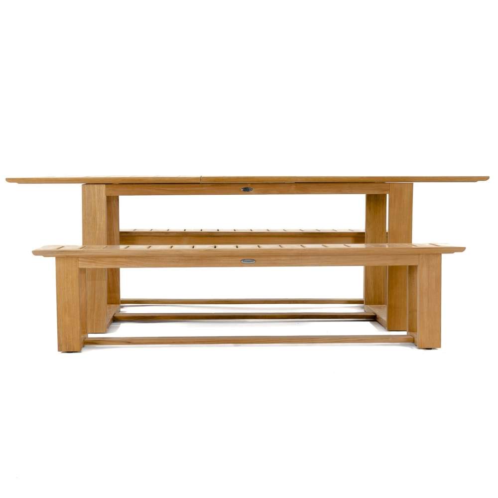 Westminster Teak Horizon Teak Dining Picnic Set side profile highlighting the solid teak frame and simple bench seating design