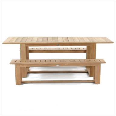 Westminster Teak Horizon Teak Dining Picnic Set with a teak table and two backless benches shown from a clean side view on a white background