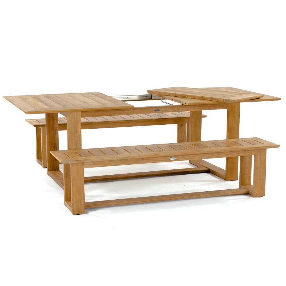 Westminster Teak Horizon Teak Dining Picnic Set with an extended table leaf showing the expandable dining surface and matching benches