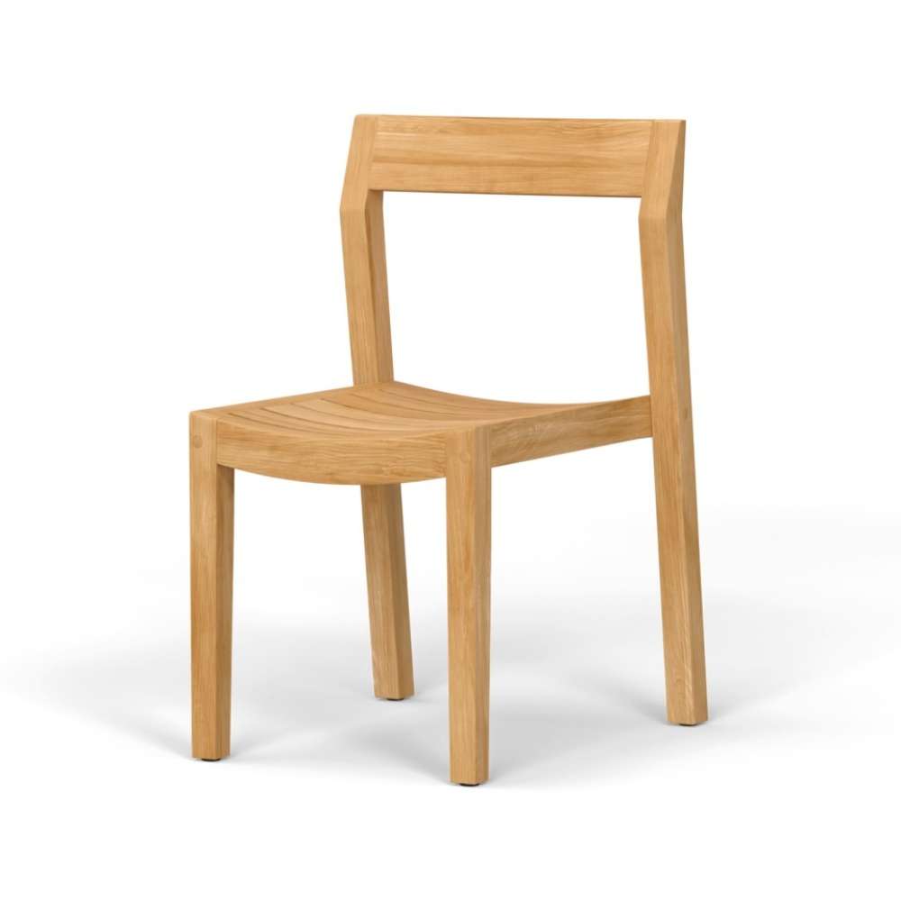 Westminster Teak Horizon Teak Side Chair is shown as a simple wooden chair with a smooth slatted seat, straight legs, and a slightly angled backrest on a plain background