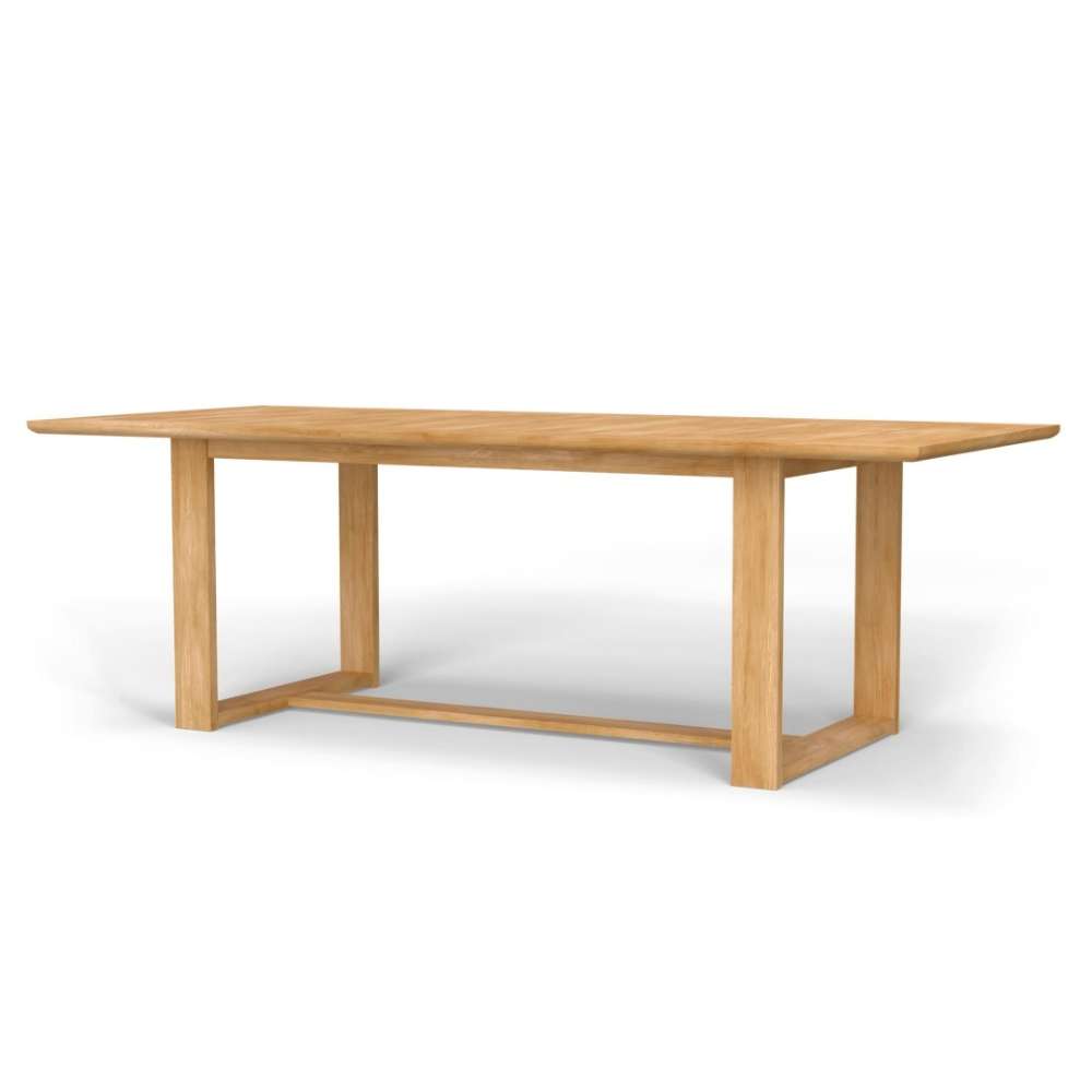 Westminster Teak Horizon Teak Table is shown as a long rectangular wooden dining table with a smooth natural teak finish and sturdy square legs