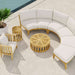Westminster Teak Kafelonia 6pc Sofa Sectional Set on a poolside patio with white cushions and a round teak table