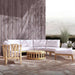 Westminster Teak Kafelonia 6pc Sofa Sectional Set on an outdoor patio with pale cushions, teak tables, and mountain views