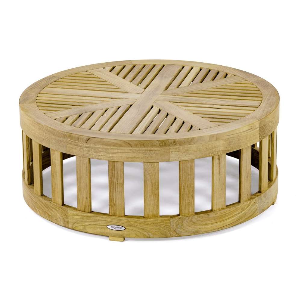 Westminster Teak Kafelonia 6pc Sofa Sectional Set round teak coffee table with slatted top and circular base