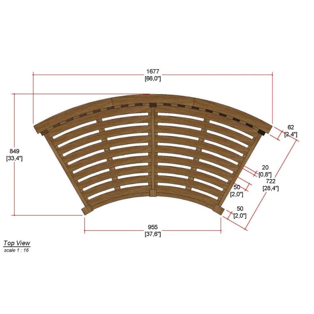 Westminster Teak Kafelonia 6pc Sofa Sectional Set top-view diagram of the curved frame with detailed measurements