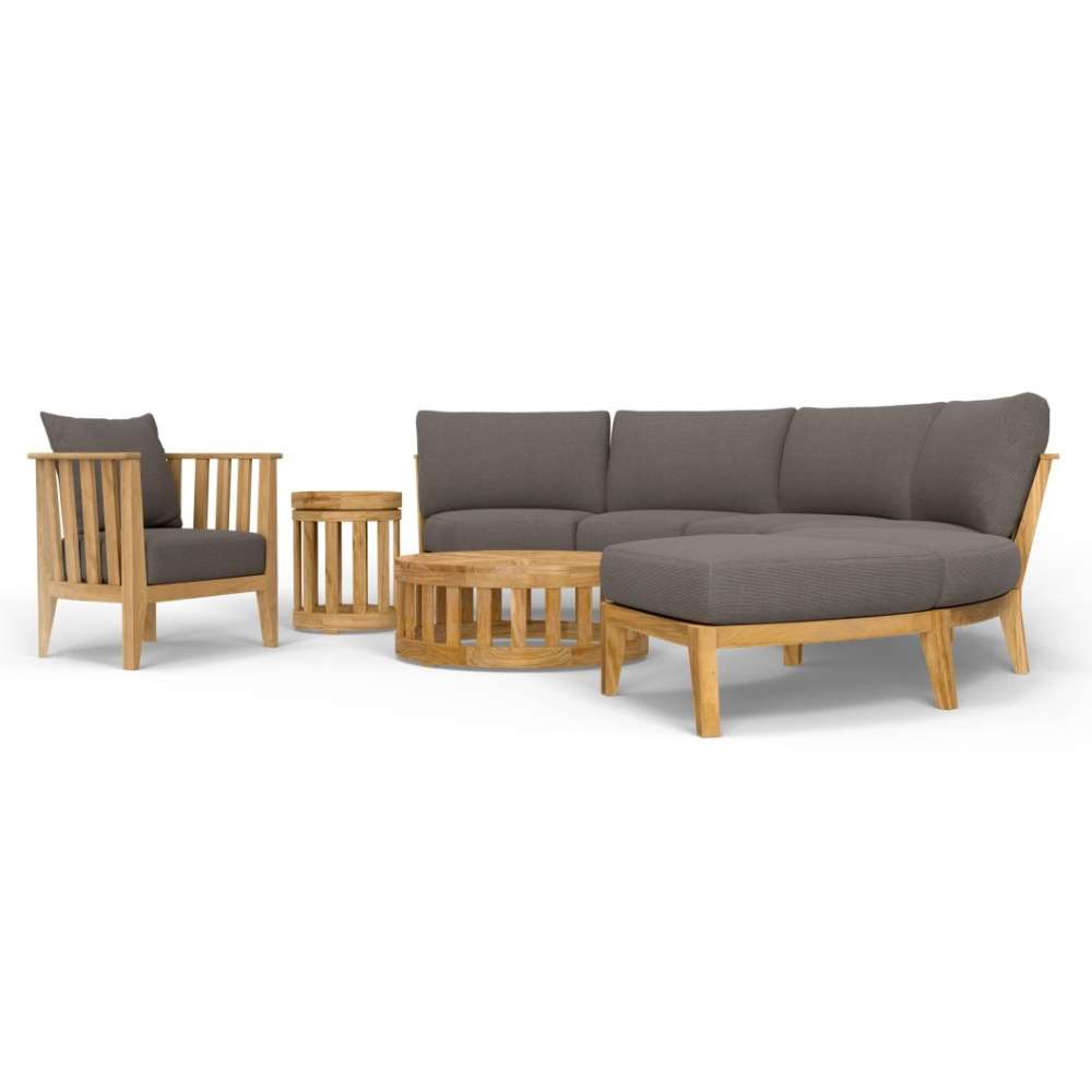Westminster Teak Kafelonia 6pc Sofa Sectional Set with curved seating, gray cushions, and matching round side tables