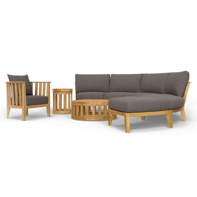 Westminster Teak Kafelonia 6pc Sofa Sectional Set with curved seating, gray cushions, and matching round side tables
