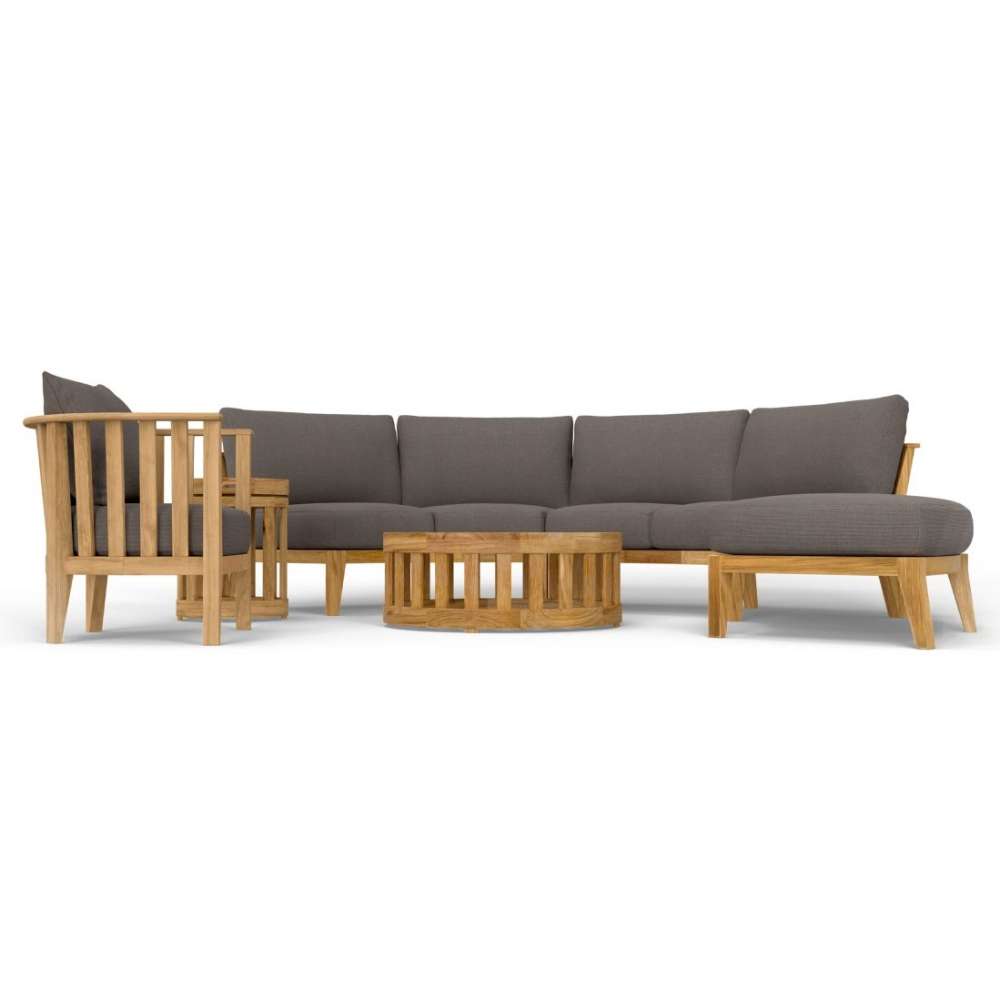Westminster Teak Kafelonia 6pc Sofa Sectional Set with gray cushions, a lounge chair, and a round teak coffee table