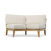Westminster Teak Kafelonia 6pc Sofa Sectional Set with two ivory cushions on a curved teak loveseat frame